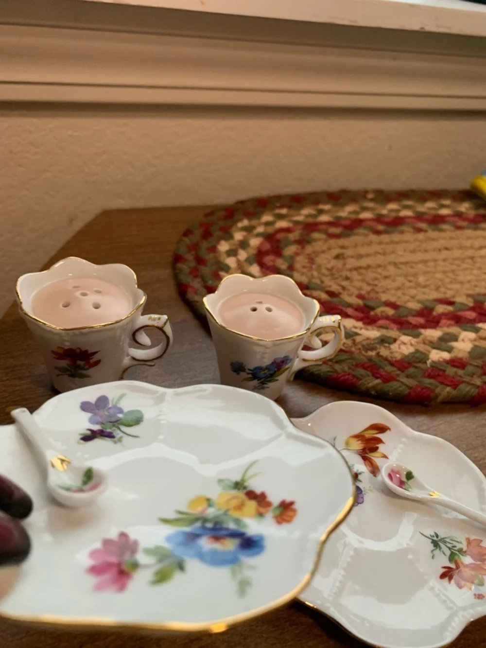 Porcelain Floral Dessert Plate & Spoon Set with Gold Trim -